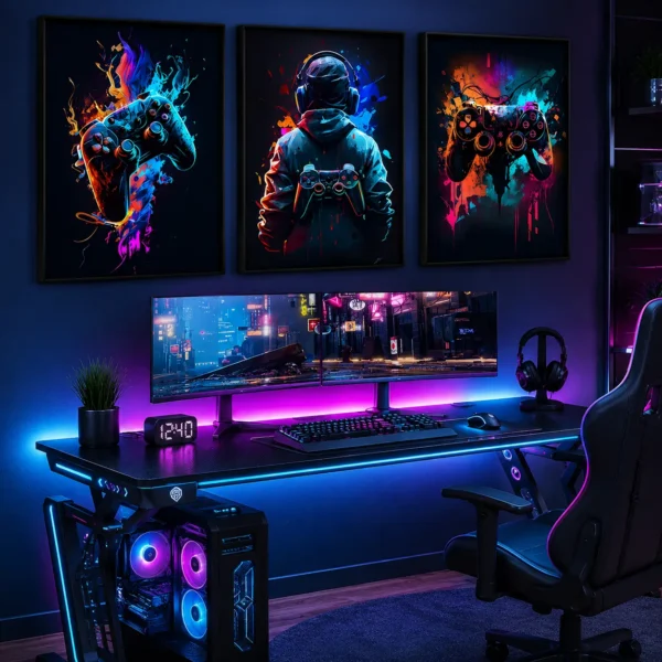 Gaming Wall Art Set of 3 | Neon Cyberpunk Gamer Posters