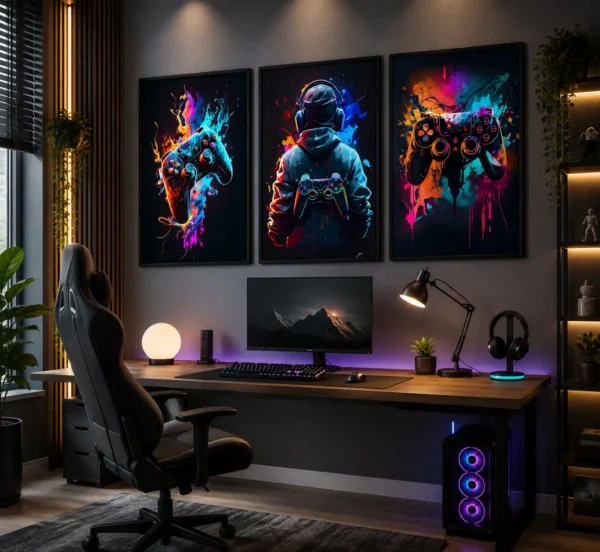 Gaming Wall Art Set of 3 | Neon Cyberpunk Gamer Posters